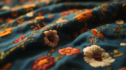 Poster - Vibrant floral hand stitched embroidery on fabric surface