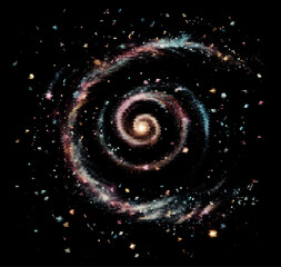 Poster - Vector illustration of a stunning galaxy with colorful nebulae and stars against a black backdrop. The cosmic design captures the expansive and vibrant beauty of the universe in a digital style.