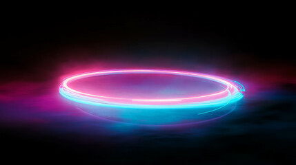 Poster - Mysterious neon light ring in dark misty atmosphere for futuristic design
