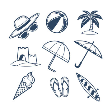 Summer Doodle Beach Day Element Set Collection Silhouettes Vector Clipart Isolated Illustration