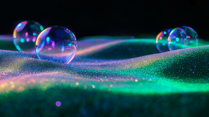 Poster - Enchanting holographic soap bubbles with rainbow effects on glowing surface