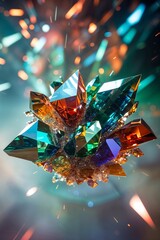 Poster - colorful crystal cluster surrounded by abstract light effects and explosions at a dynamic angle