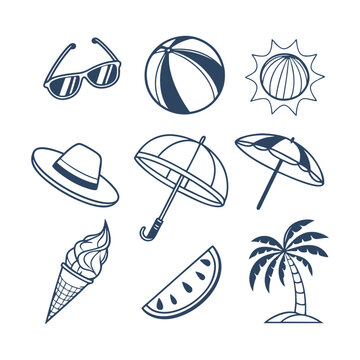 Summer Doodle Beach Day Element Set Collection Silhouettes Vector Clipart Isolated Illustration