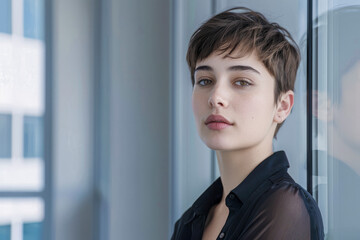 Wall Mural - A confident young woman with short hair leans against a glass window in a modern office, wearing a stylish black blouse and a poised expression