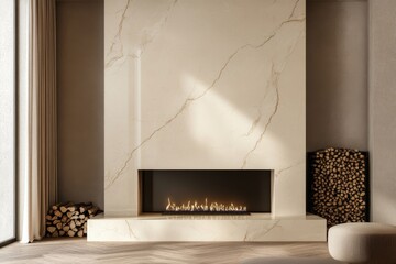 Poster - This beautifully designed elegant space showcases a polished marble fireplace, complemented by warm beige tones and inviting textures, all of which enhance its strikingly modern minimalist aesthetic