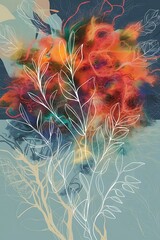 Poster - Abstract art background creative leaves and botanical line art wallpaper brush style painting for postcard wall decor print card wallpaper background vector design