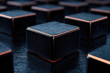 Aufkleber - Black cubes with orange edges forming a grid pattern on dark background