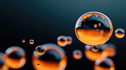 Aufkleber - Orange liquid spheres hanging with small bubbles inside on a dark background