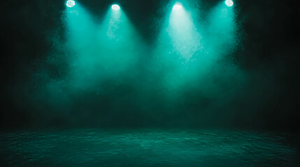 Poster - Illuminated misty stage with mint green spotlights on dark foggy background for dramatic display