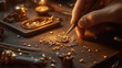 © SirArbusto - Master Craftsman's Workshop: An artisan's skilled hand meticulously works on intricate jewelry, illuminated by soft light, showcasing the art of craftsmanship and the creation of precious objects