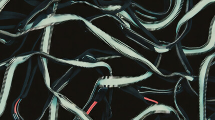 Poster - Intricate pattern of intertwined zippers on dark background for creative design