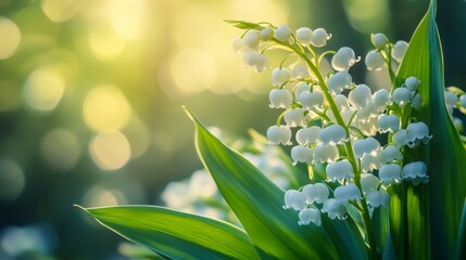 Sticker - Lily of the valley flowers blooming in spring garden at sunset