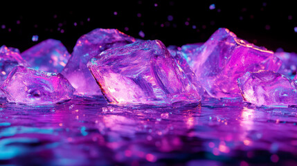 Poster - Vibrant neon light reflection on ice cubes in dark ambiance for modern design