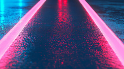 Poster - Neon light reflection on wet asphalt for futuristic urban design