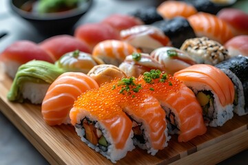 Wall Mural - Delicious sushi platter displaying variety of colorful rolls and nigiri