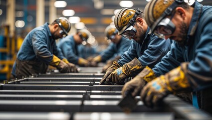 Poster - skilled workers assembling metal components in a factory setting during daylight hours