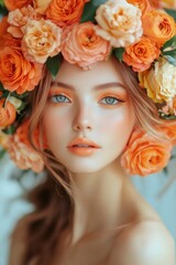 Poster - Beautiful model wearing orange flowers crown and matching makeup