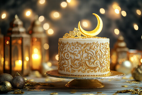 A beautifully decorated Eid cake with intricate golden patterns, placed on a festive table with lanterns and crescent moon decorations in the background