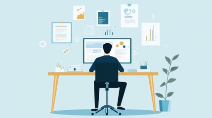 Poster - Modern Workspace with Minimalist Desk, Computer Screen and Plants, Businessman Working with Data, Charts and Documents on Wall Background