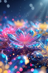 Poster - brightly colored abstract flowers glowing in a magical landscape with shimmering lights