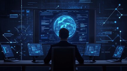 Poster - Business Professional Analyzing Data on Multiple Computer Screens with Futuristic Graphical User Interfaces and Digital Maps in a Dark Environment