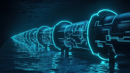 Poster - Futuristic Neon Pipeline Underwater with Glowing Effects and Digital Patterns in a Dark Environment