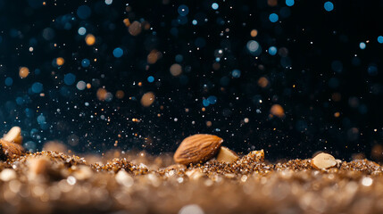 Poster - Close-up of crushed nuts on rough surface with sparkling background