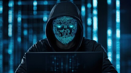 Poster - Mysterious hacker with glowing digital mask using laptop in futuristic dark cyber environment illuminated by blue neon lights and data patterns