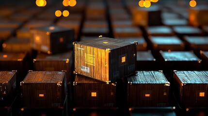 Poster - Unique Wooden Storage Container Among Many Energetic Glowing Boxes in a Vibrant Warehouse Environment