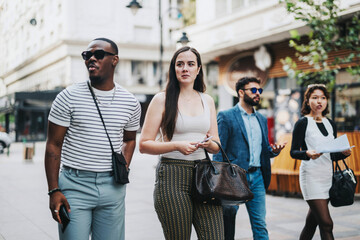 Wall Mural - A group of four diverse professionals confidently walking down a bustling urban street, exuding a sense of casual business energy and camaraderie on a pleasant day.