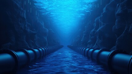 Poster - Underwater View of Industrial Pipes in Deep Blue Ocean with Light Filtering Through Water Surface and Rocky Walls on Either Side