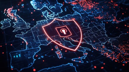 Poster - Digital Security Concept with Shield Icon Overlaying Map of Europe Highlighting Cyber Protection and Data Safety in Technology Environment