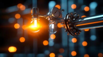 Poster - Close-Up of Industrial Light Bulb with Bright Glow and Modern Pipe in Abstract Setting with Bokeh Effect