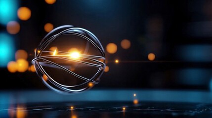 Poster - Floating Metallic Sphere with Glowing Light in Dark Background, Abstract Concept of Technology and Innovation