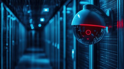 Poster - High-Tech Surveillance Camera in Data Center with Glowing Red Light and Dark Corridor Creating a Futuristic Atmosphere of Security and Monitoring