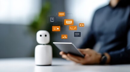 Poster - Human and Robot Interaction with Digital Interface Illustrating Technology and Communication Concepts in Modern Workspace