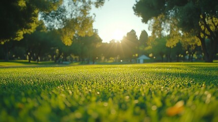 Poster - Morning light dances over a vibrant green lawn, surrounded by tall trees and soft shadows. The scene exudes peace and warmth, inviting a leisurely stroll in the serene outdoors