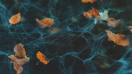 Poster - Autumn spiderweb with dry leaves - nature's intricate symbiosis for seasonal design use
