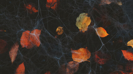 Poster - Autumn leaves and spider web textured background for seasonal design