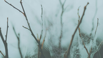 Poster - Nature's intricate web: spiderweb on dry twigs in a serene setting