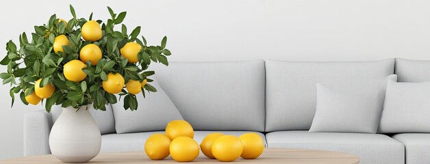 Sticker - Cozy living room showcases grey sofas with vibrant pillows and a wooden coffee table adorned with fresh flowers on a soft carpet