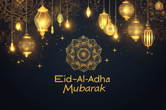 a festive design with golden mandala patterns and hanging lanterns on a dark background. The text 
