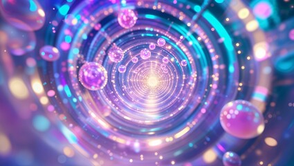 Poster - colorful abstract design with glowing orbs and swirling light patterns in a futuristic environment
