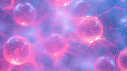 Poster - Neon illuminated spiderweb background with glowing abstract orbs and fibers