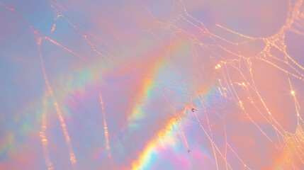 Poster - Spiderweb with rainbow light reflections in pastel background