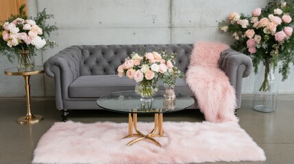 Wall Mural - A stylish living room with a gray sofa, pink fur blanket, and floral arrangements on a glass table enhances a minimalist look