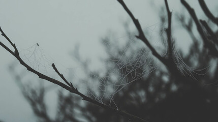 Aufkleber - Mysterious spiderweb stretched across dark branches in foggy forest