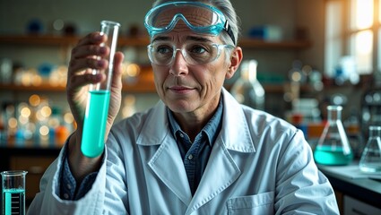 Poster - experienced scientist analyzing a chemical reaction in a laboratory with colorful liquids during the