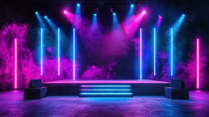 Poster - Vibrant Stage Lighting with Neon Beams and Colorful Smoke Effects in a Dark Environment for Event or Concert Background Use