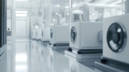 Poster - Several white industrial machines in a factory hallway are seen